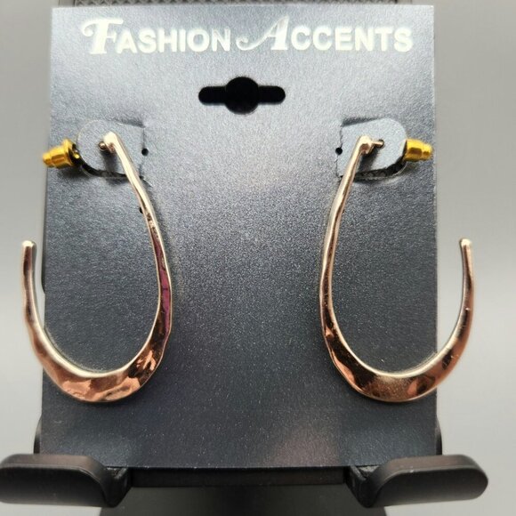 Rose Gold Hammered Hoop Earrings – Fashion Jewelry Statement Post Back New - Picture 1 of 7